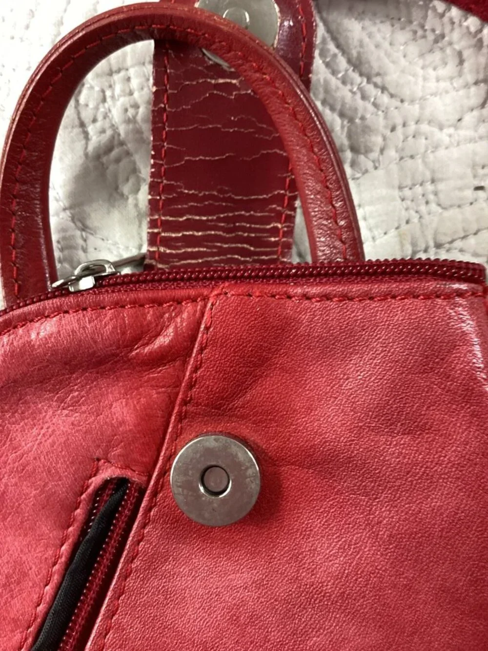Italian Leather Red Triangular Backpack Purse*Adj Straps*Zip & Magnetic Closure